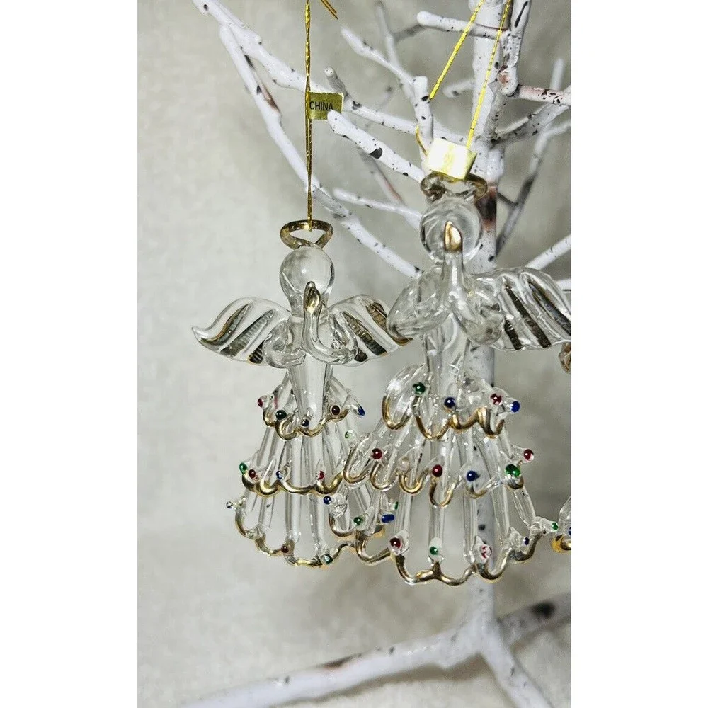 Clear Glass Gold Outlined Christmas Tree 3”‎ Angel Ornaments Lot of 4 -READ